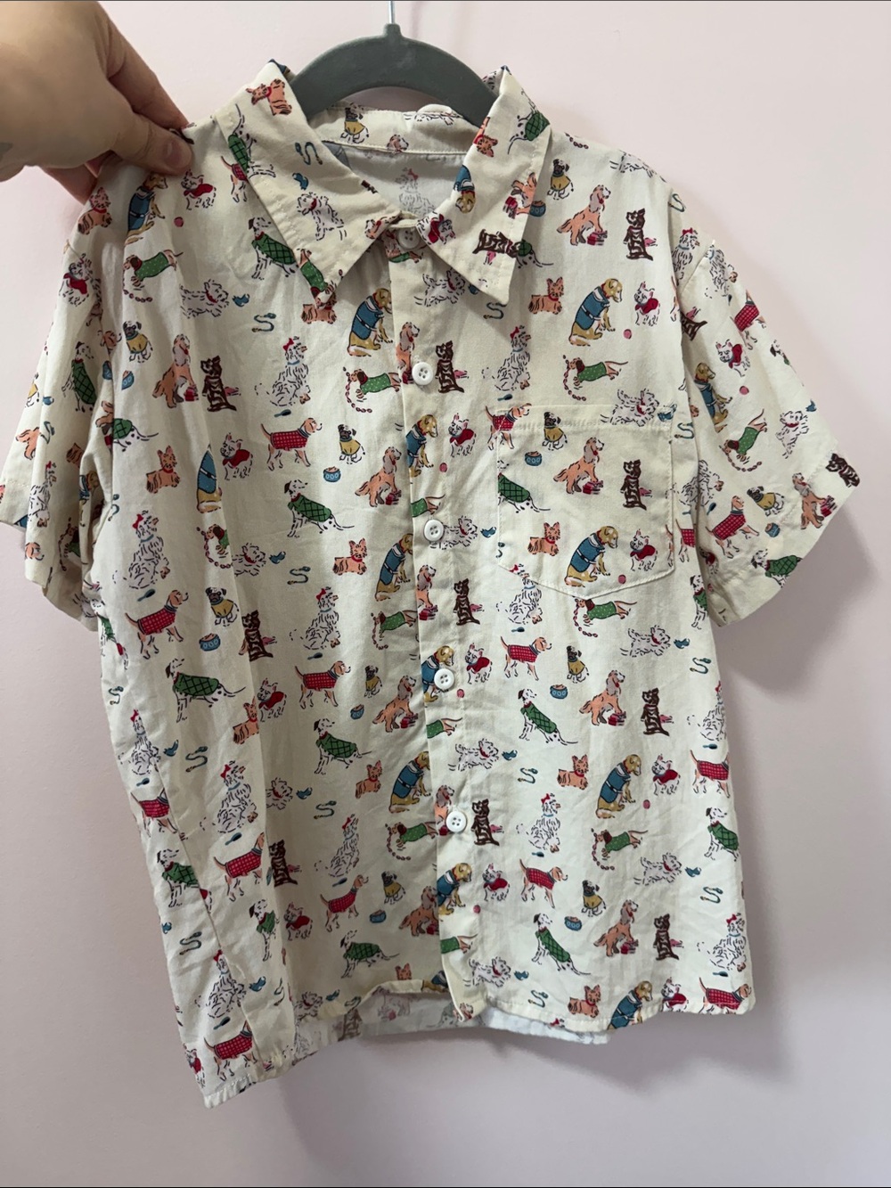 Men's Short-Sleeve Button-Up Shirt in Cream with Multicolor Dog Print